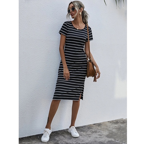 Striped Tee Shirt Dress Side Slits White on Black Short Sleeves - Picture 5 of 8